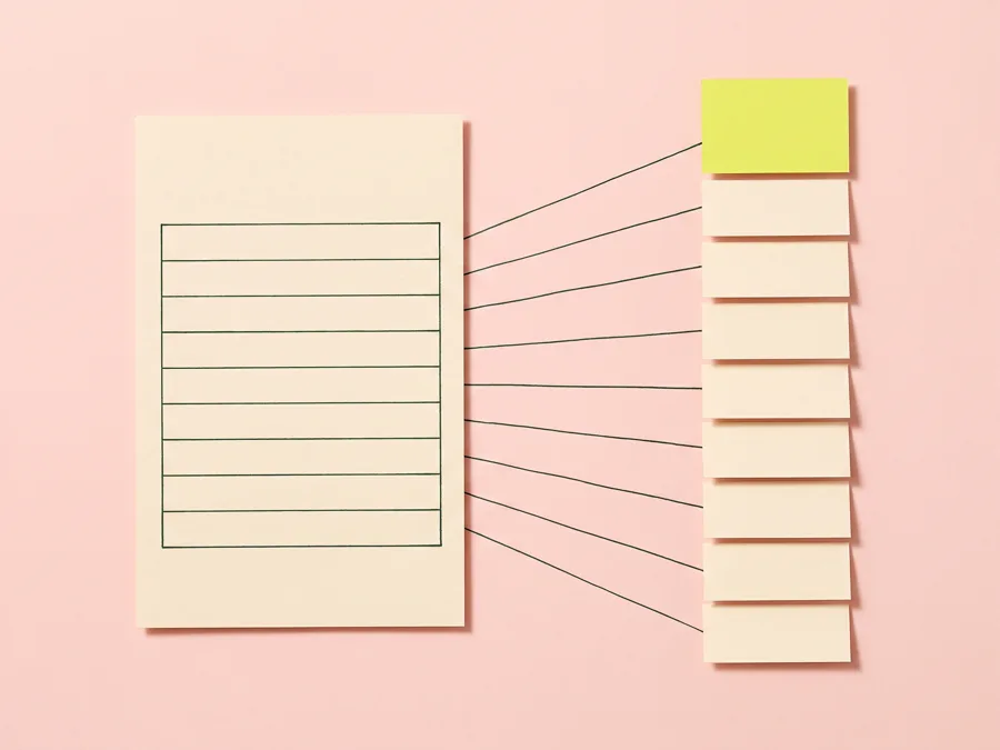 A blank ruled form on the left with ink lines running from its fields across to a sorted column of cards, the top one lime.